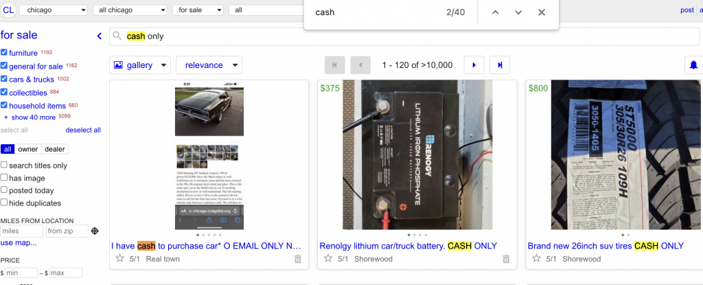 Cash Only items on Craigslist