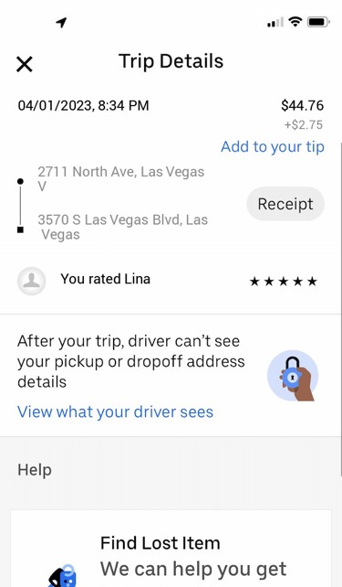Uber Rideshare Mobile 2019 receipt