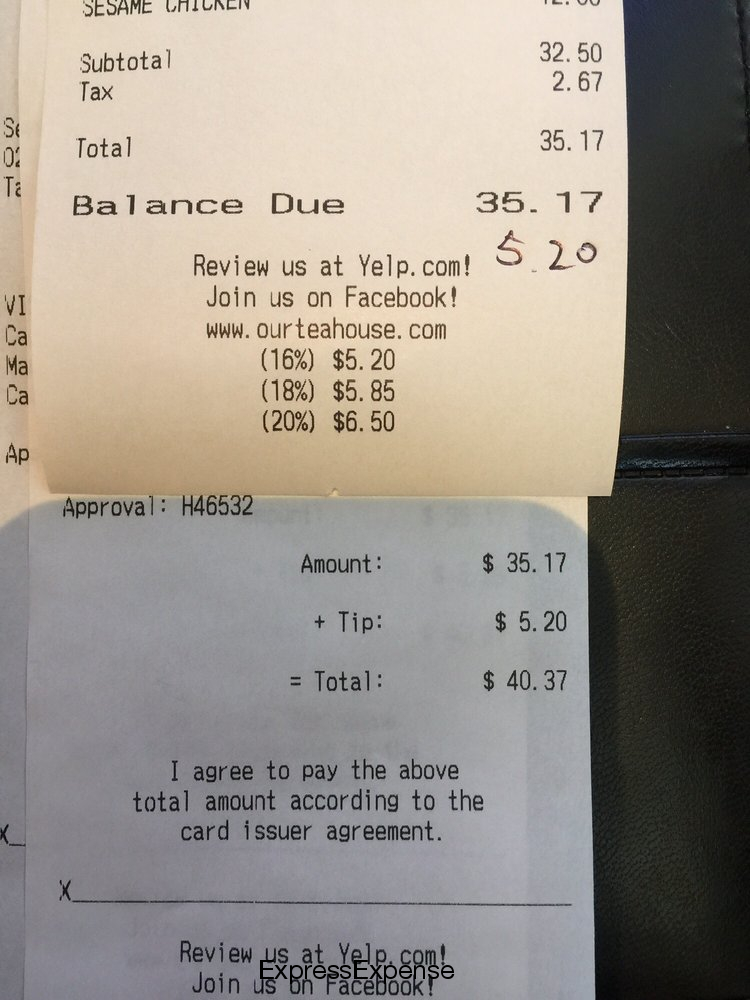 top receipt shows him writing in the presumed tip the