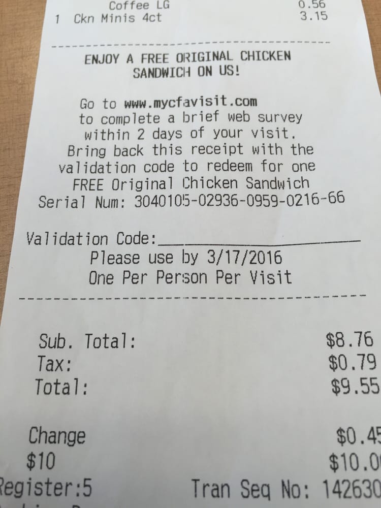 Fill Out Survey On Receipt And Get A Free Original Chicken