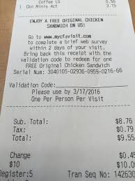 Fill Out Survey On Receipt And Get A Free Original Chicken Sandwhich